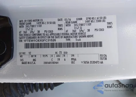 2016 Ford F-150 Xlt z USA, uszkodzony, nr VIN 1FTEW1C83GFC31526